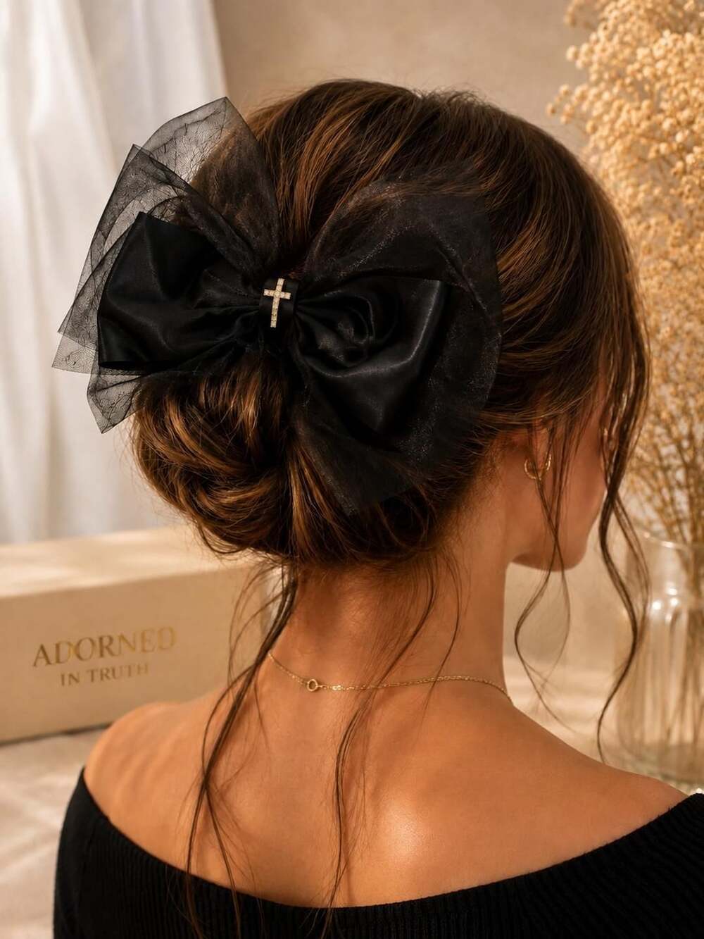 Dark Coquette Black Satin Tulle Hair Bow Rhinestone Cross